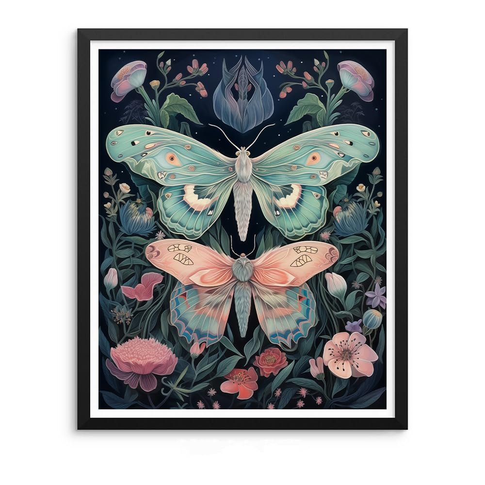 Paint by numbers canvas featuring two large butterflies surrounded by flowers and foliage on a dark background.