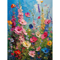 Impressionistic painting of a vibrant wildflower field with a bright blue sky.