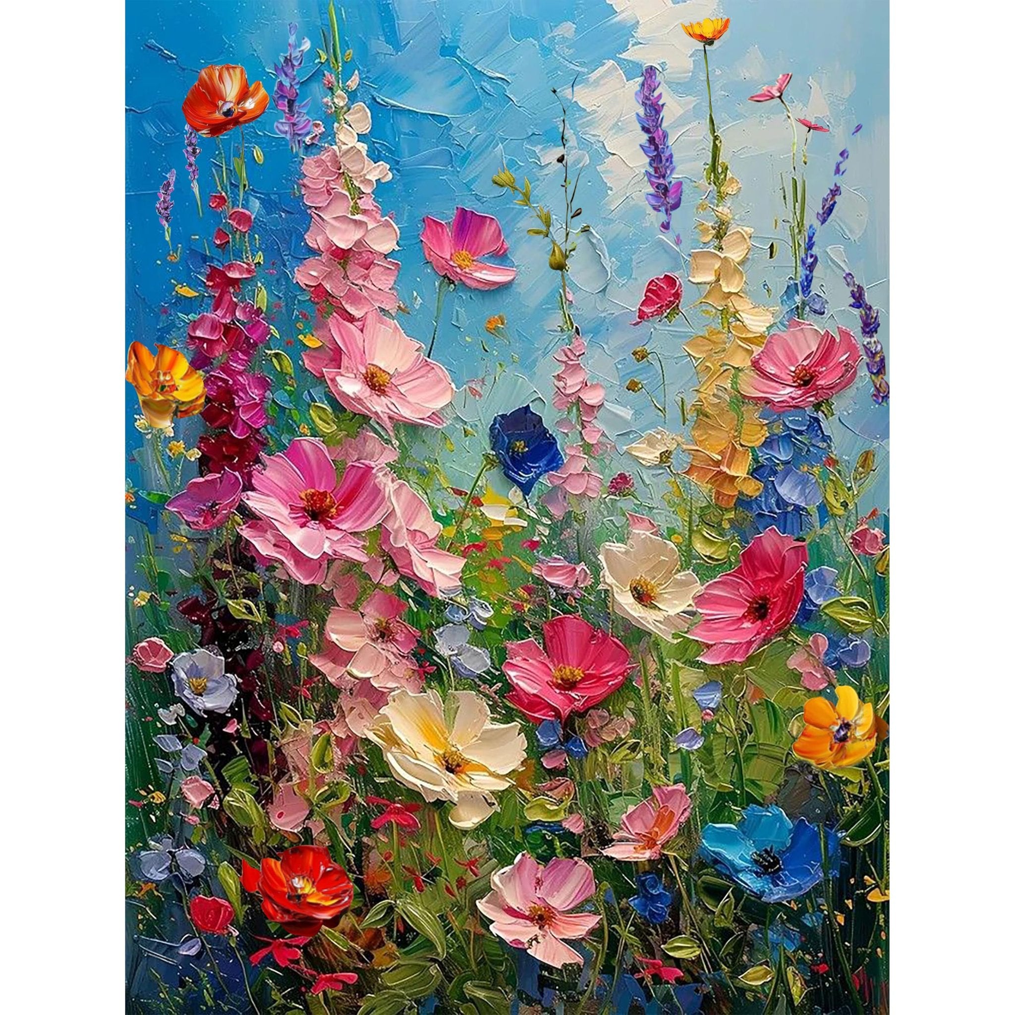 Impressionistic painting of a vibrant wildflower field with a bright blue sky.