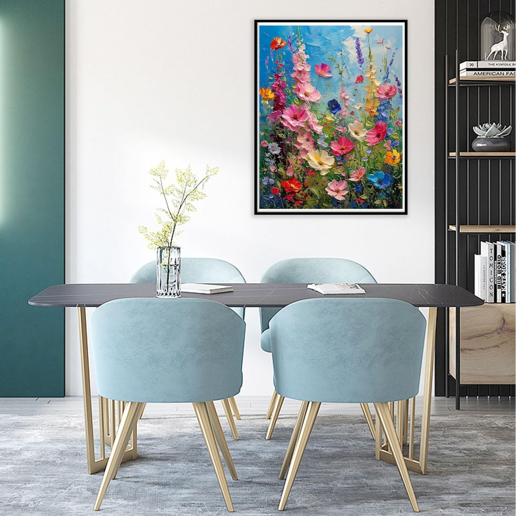 Framed oil painting of colorful wildflowers hanging above a dining table with light blue chairs