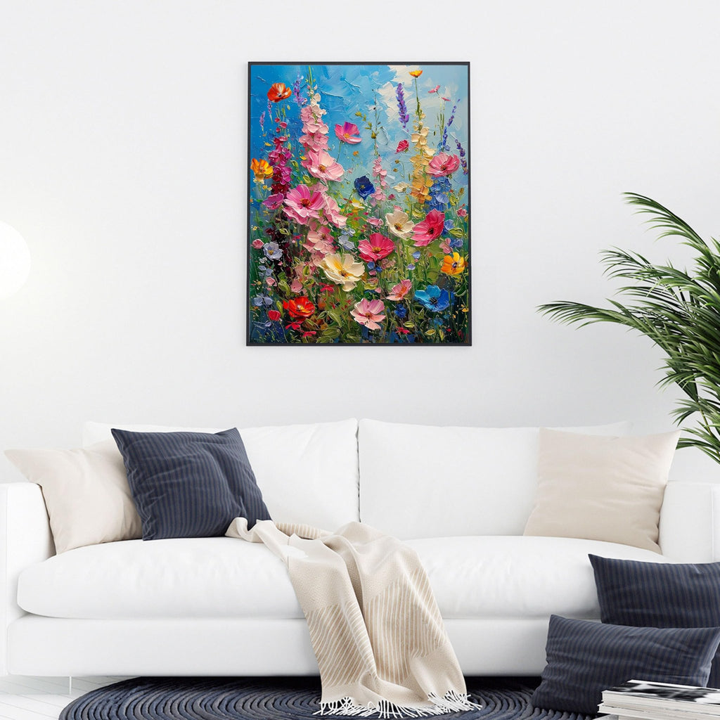 Framed wildflower painting displayed above a white sofa with decorative pillows and a throw blanket.