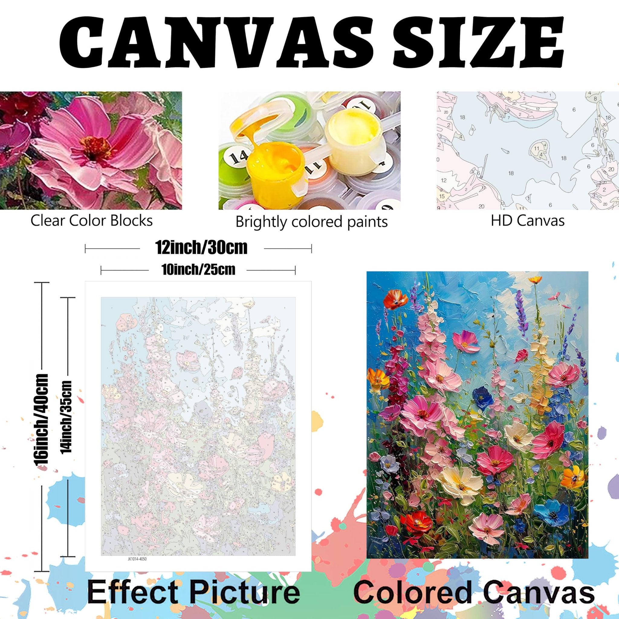 Paint by number kit components including numbered canvas, acrylic paints, and finished artwork examples.
