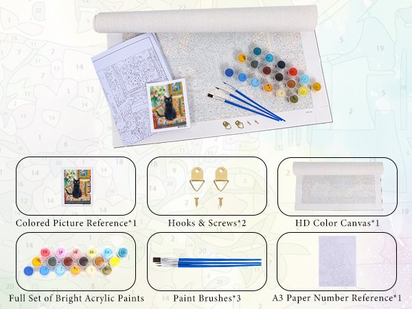 Paint by numbers kit contents laid out, including canvas, acrylic paints, brushes, and reference sheets.