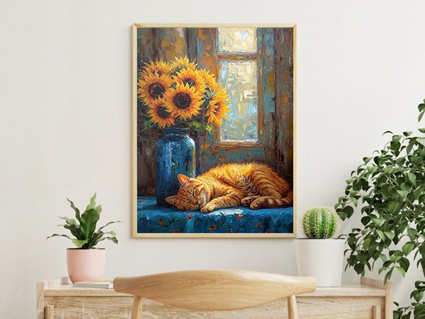 Oil painting of a sleeping orange cat on a blue tablecloth with sunflowers in a blue vase by a window.