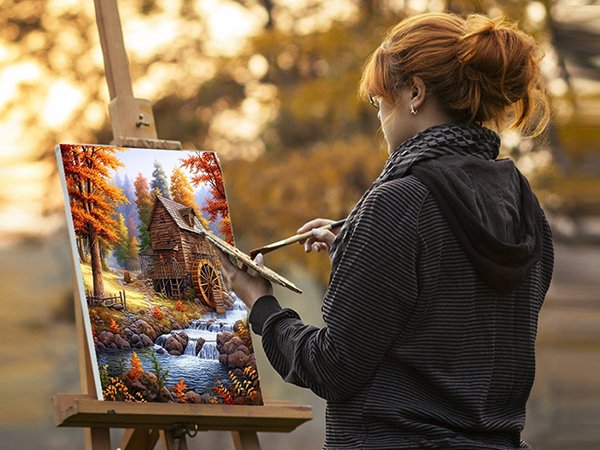 Woman painting a landscape of a rustic wooden mill by a stream on an easel outdoors