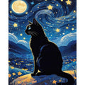 Black cat sitting on a rock overlooking a starry night sky with a full moon and a distant town.