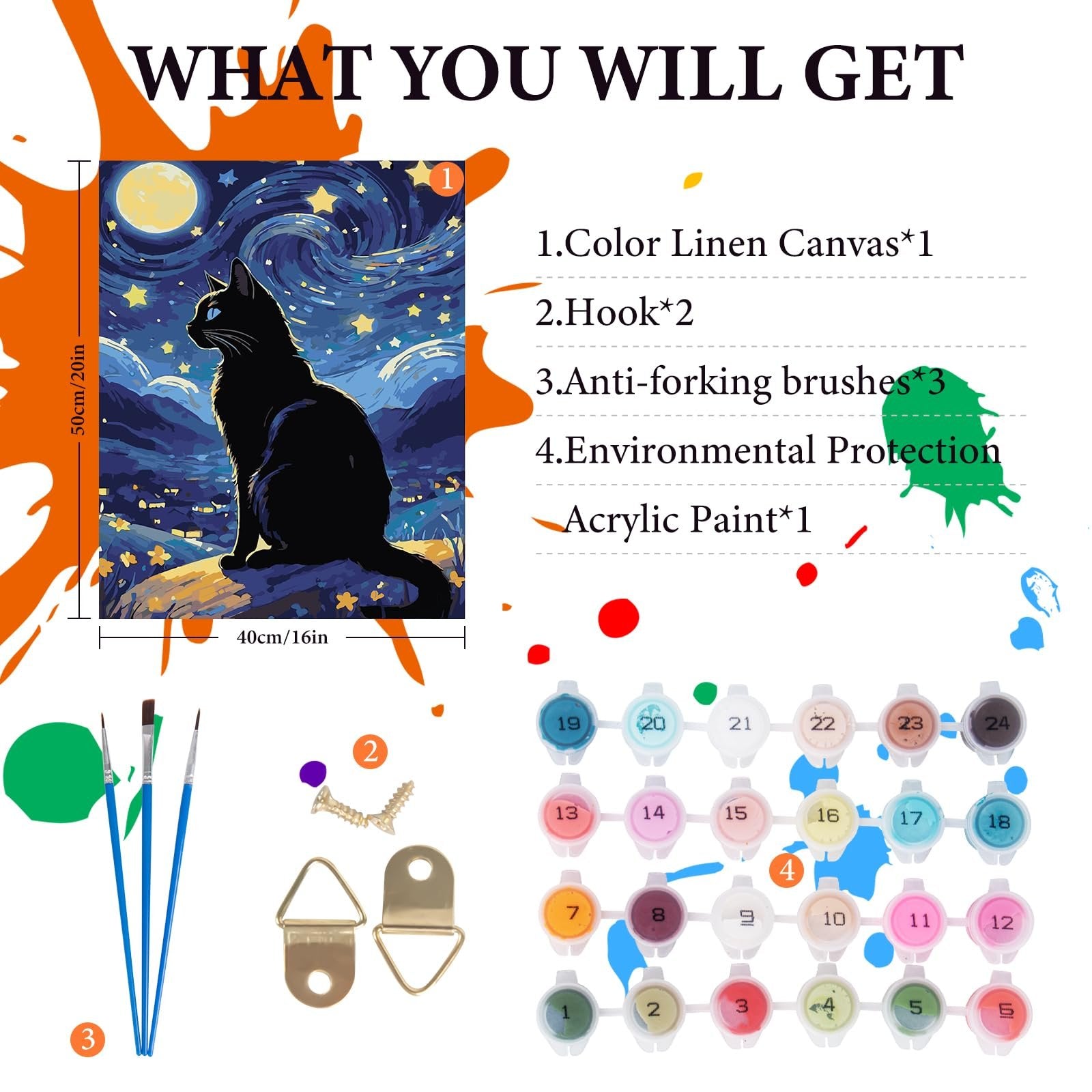 Paint by numbers kit contents: canvas with black cat, acrylic paints, brushes, and hooks. Dimensions 50cm x 40cm.