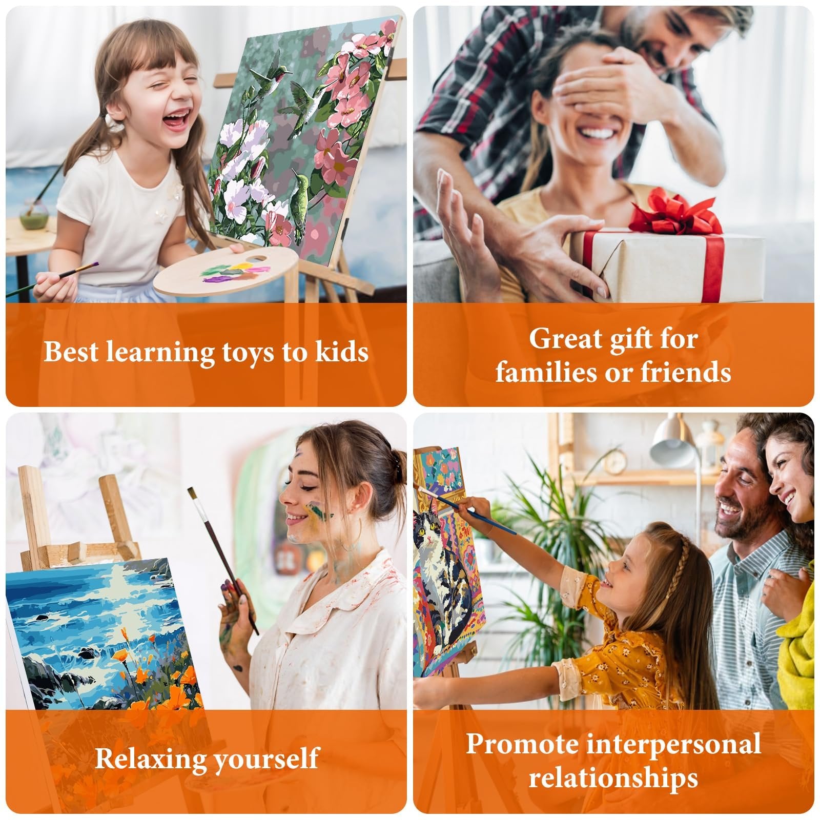 Collage of four scenes related to paint by numbers kits: a child painting hummingbirds, a couple receiving a gift, a woman painting a seascape, and a family painting a cat.
