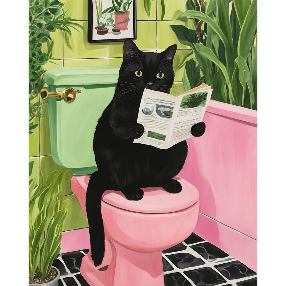 Black cat sitting on a pink toilet reading a newspaper, surrounded by plants.