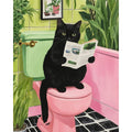 Black cat sitting on a pink toilet reading a newspaper, surrounded by plants.