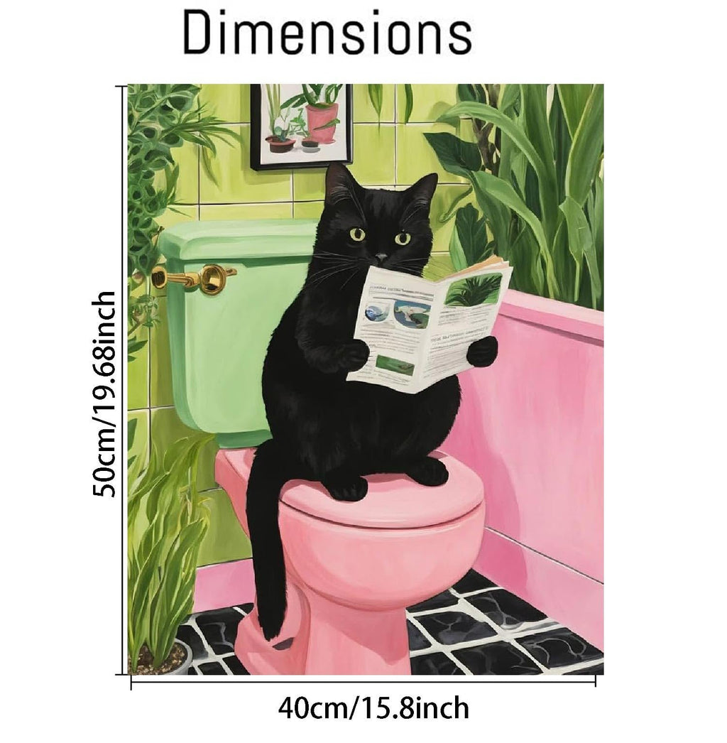 Black cat sitting on a pink toilet reading a newspaper, with plants in the background.