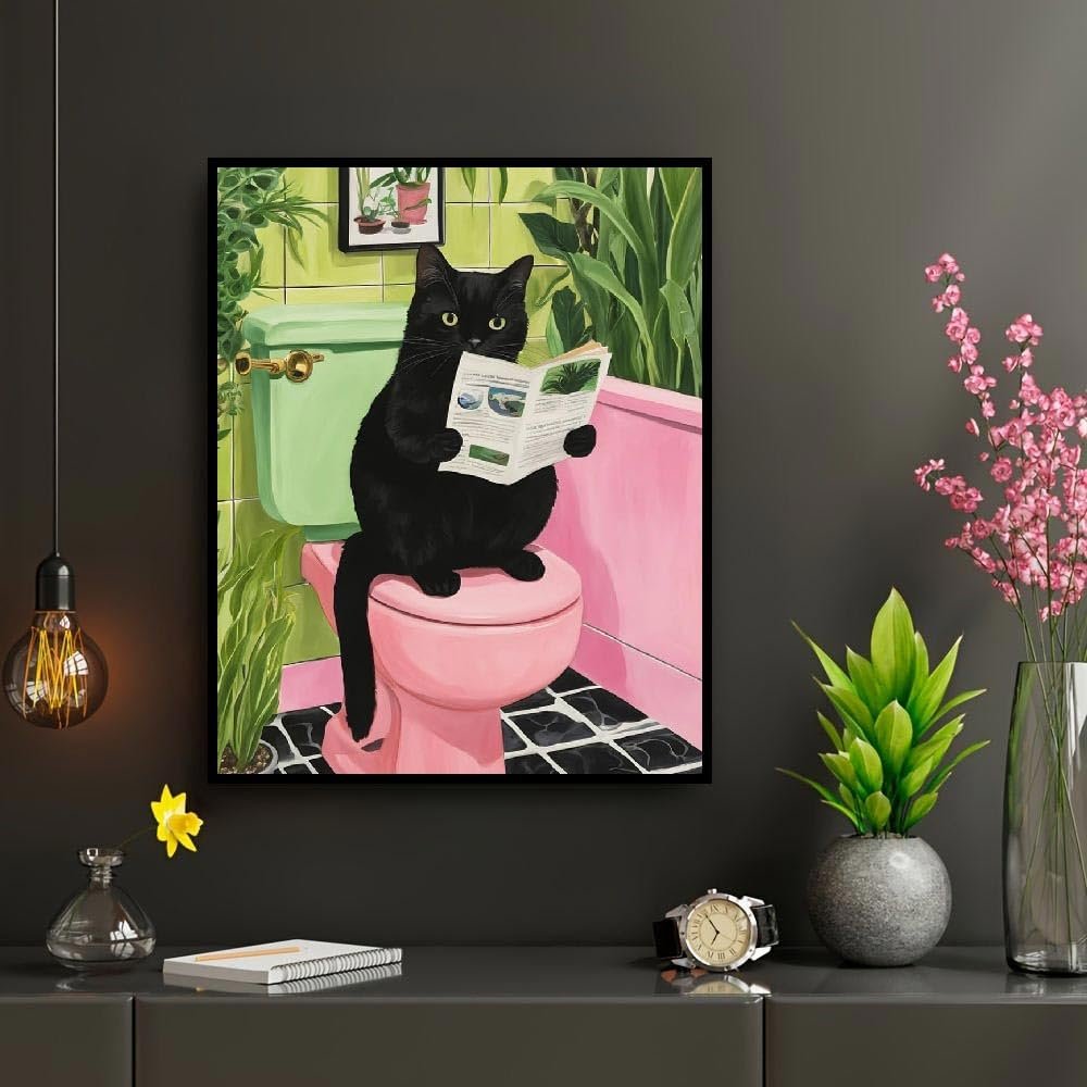 Black cat sitting on a pink toilet reading a newspaper, surrounded by lush green plants.