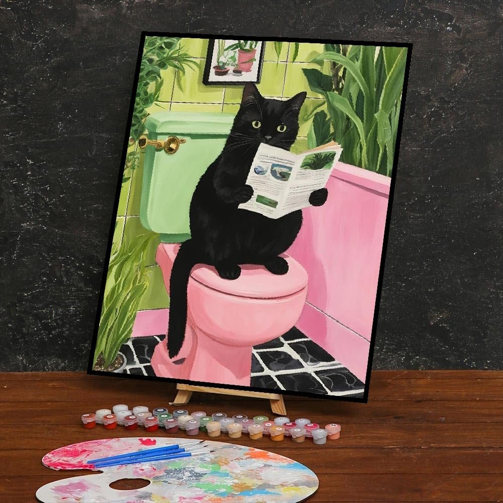 Black cat sitting on a pink toilet reading a newspaper, surrounded by plants.