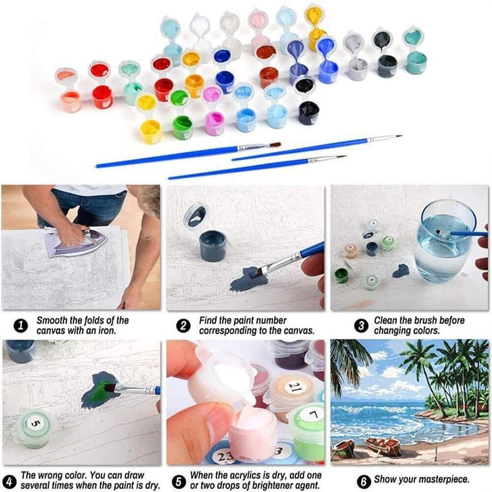 Paint by numbers kit with numbered paint pots, brushes, and instructional steps for creating a beach scene.