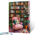 Paint by numbers kit showing a pink armchair in front of a bookshelf filled with books and plants.