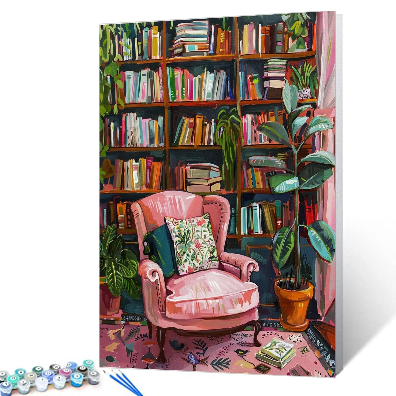 Paint by numbers kit showing a pink armchair in front of a bookshelf filled with books and plants.