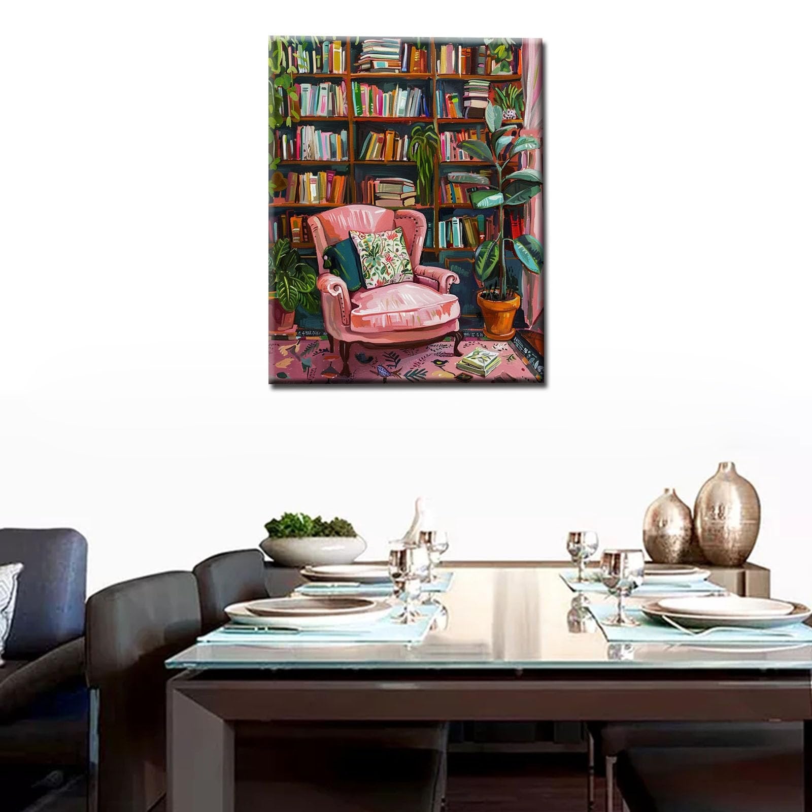 Paint by numbers kit depicting a pink armchair in a library with bookshelves and plants.