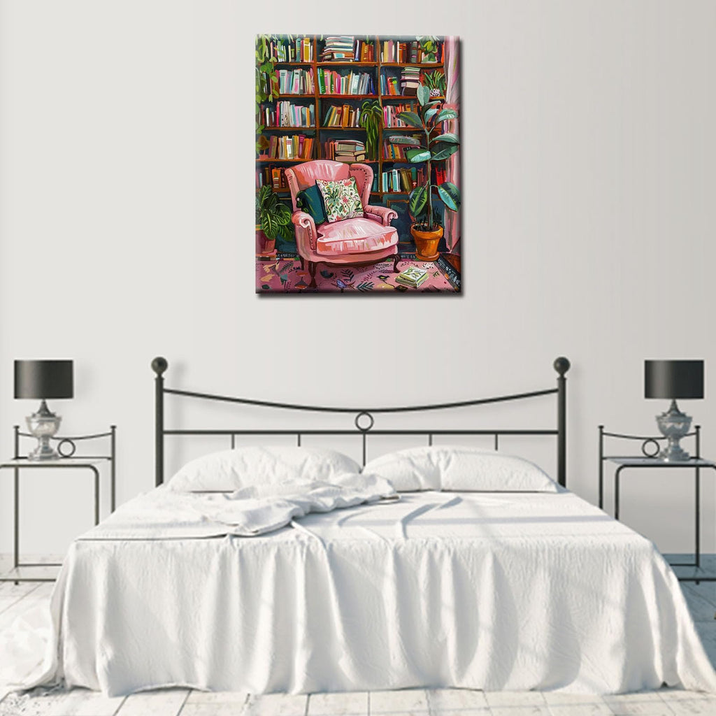Paint by numbers kit showing a pink armchair in a library with bookshelves and plants