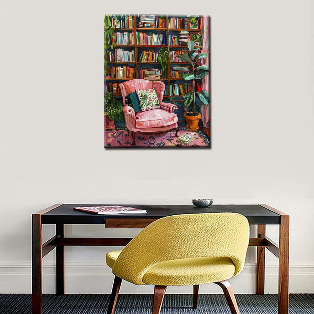 Pink armchair in front of a bookshelf filled with books and plants, part of a paint by numbers kit.