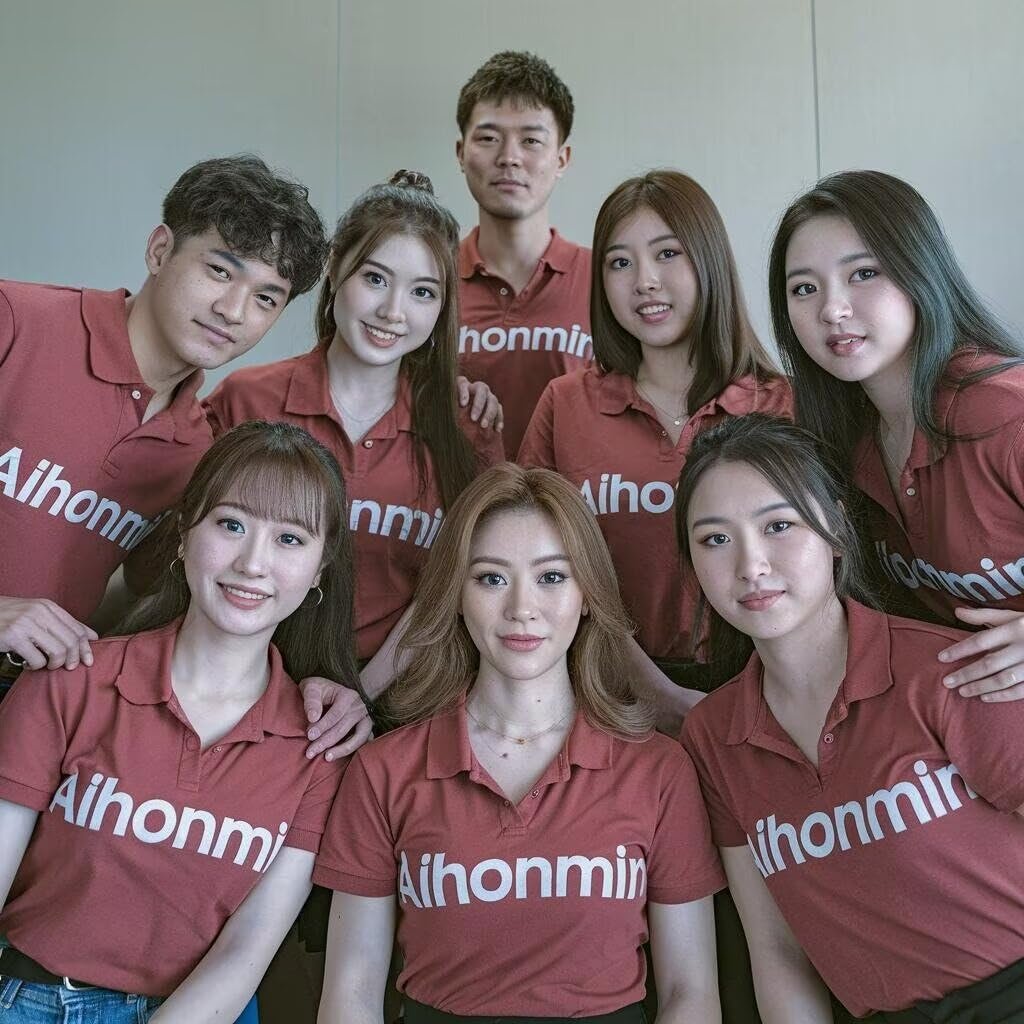 Group of eight people wearing matching red polo shirts with white text, posing for a photo.