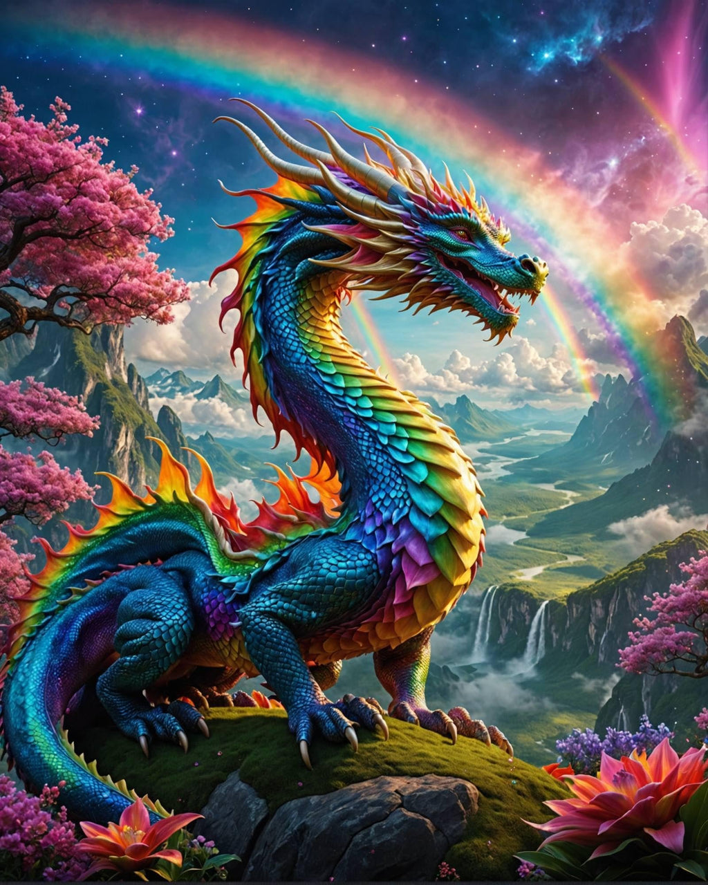 Rainbow dragon perched on a grassy hill with waterfalls and mountains in the background, pink cherry blossoms on the left.