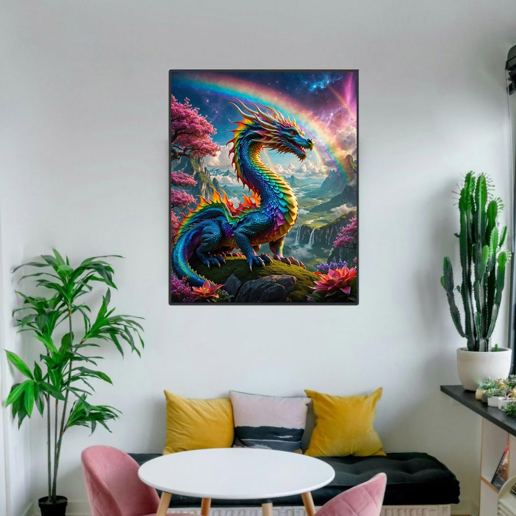 Colorful dragon artwork displayed on a wall above a couch with pillows, near plants and a table.