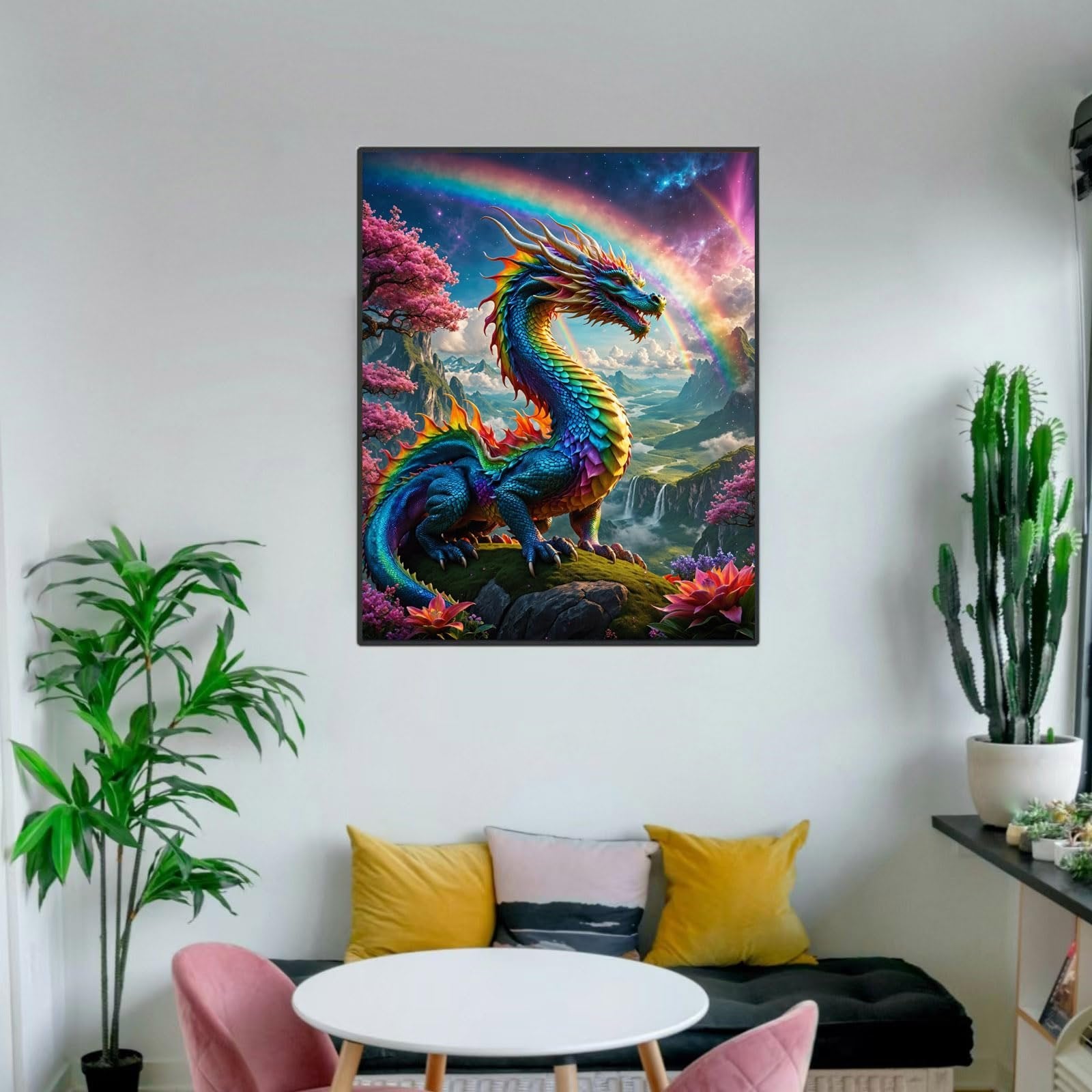 Colorful dragon artwork displayed on a wall above a couch with pillows, near plants and a table.