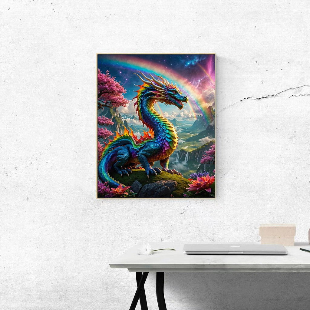 Colorful dragon painting on canvas with rainbow and landscape background, framed and hanging on a wall above a desk.