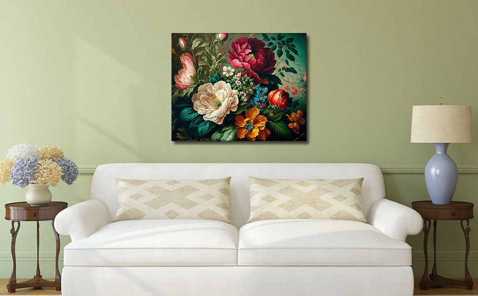 Floral bunch painting displayed above a white sofa with decorative pillows, next to a side table with a lamp.