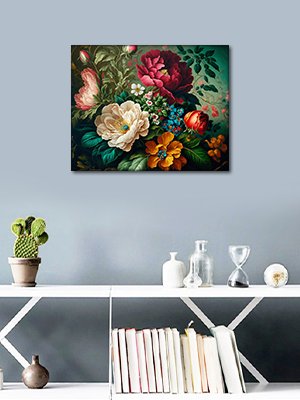 Paint by numbers canvas featuring a vibrant floral arrangement with peonies and other flowers in rich colors.