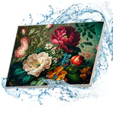 16 x 20 inch unframed paint by numbers kit canvas showing a vibrant floral arrangement with pink, red, and white flowers against a dark green background, surrounded by stylized blue water splashes.