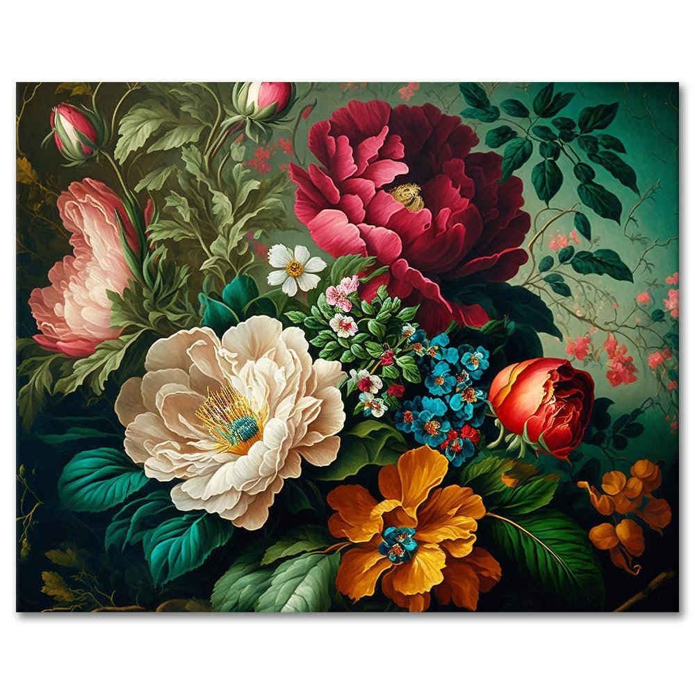 A vibrant floral arrangement featuring peonies, roses, and other blossoms in rich colors against a dark, moody background.