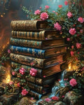 Stack of ornate antique books adorned with pink roses and vines, with a small waterfall and glowing candles.