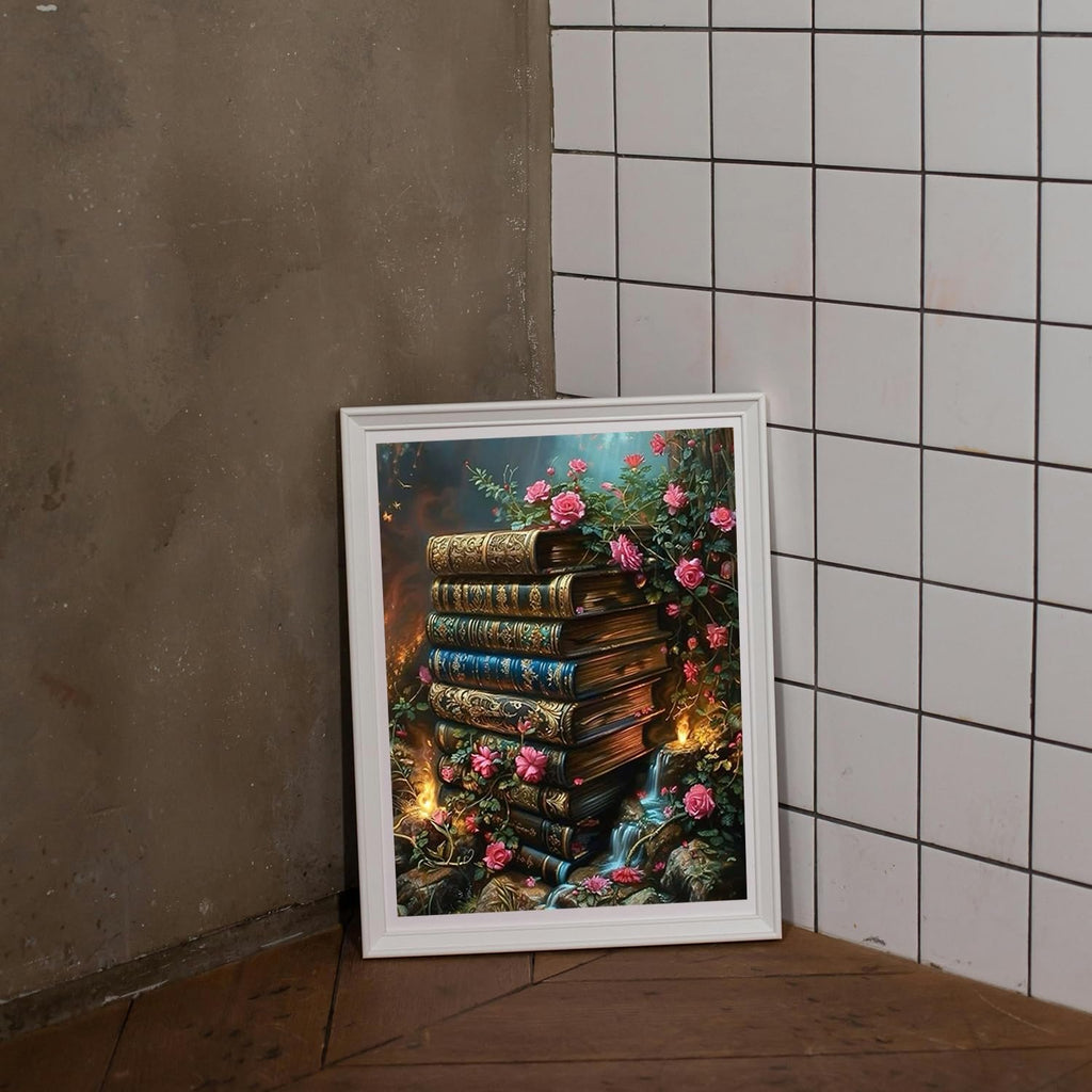 Framed painting of a stack of antique books with pink roses and a small waterfall.