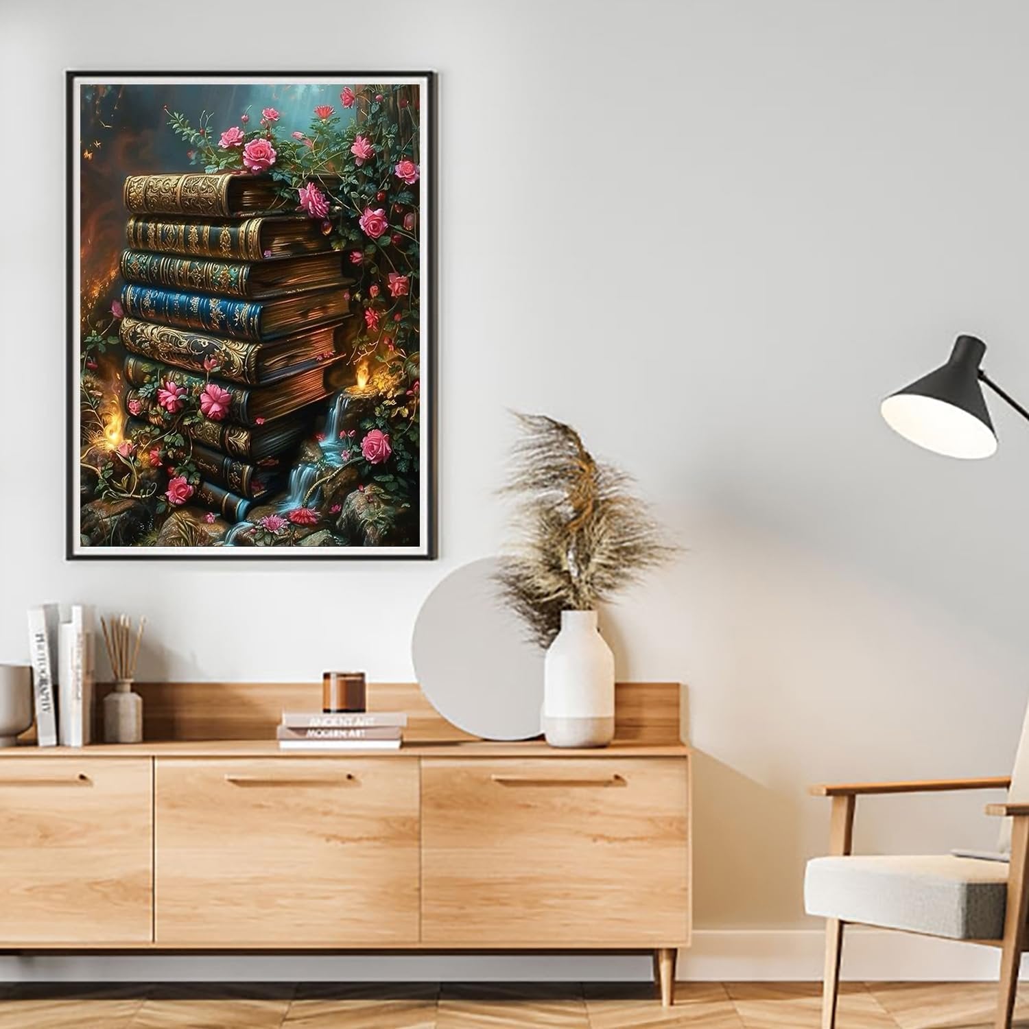 Paint by numbers canvas depicting a stack of antique books with pink roses and a small waterfall.