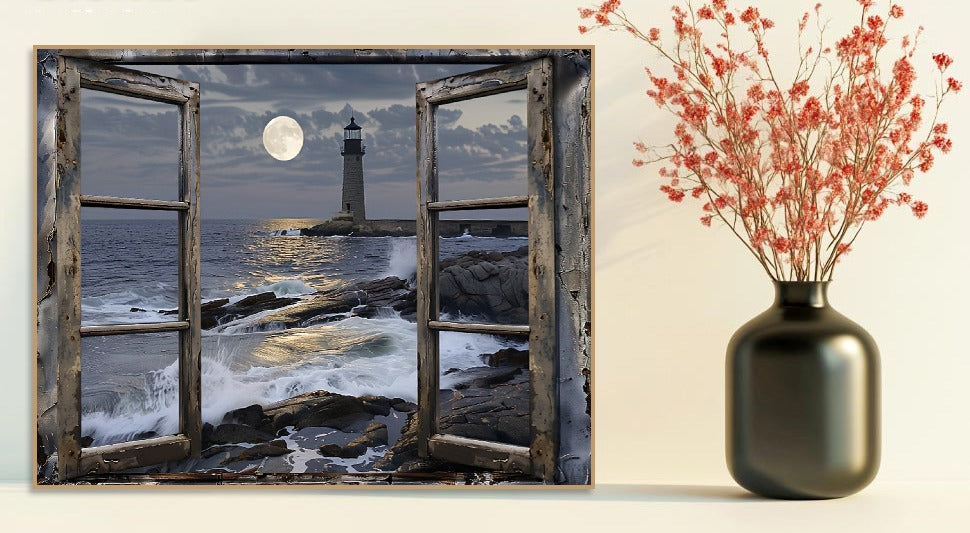 Paint by numbers canvas showing a lighthouse scene viewed through an open window, with a full moon over the ocean and crashing waves.