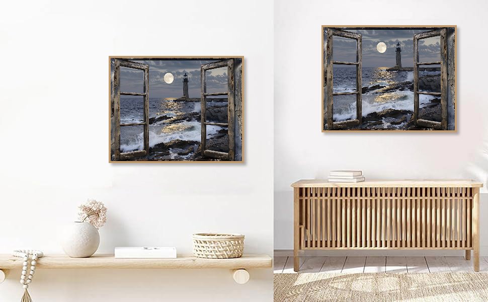 Framed paint by numbers canvas showing a lighthouse scene through an open window at night with a full moon.
