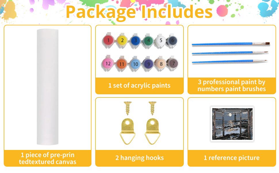 Paint by numbers kit contents: rolled canvas, numbered paint pots, brushes, hanging hardware, and reference picture.