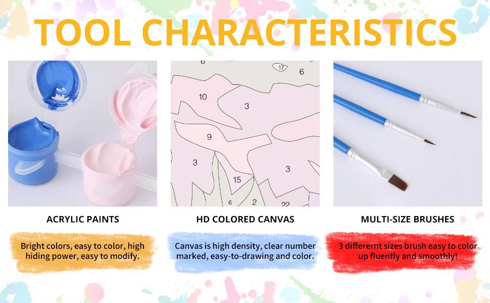 Paint by numbers kit components: acrylic paints, numbered canvas detail, and multi-size brushes.