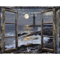 View through an open rustic window of a lighthouse on a rocky shore with waves crashing under a full moon.