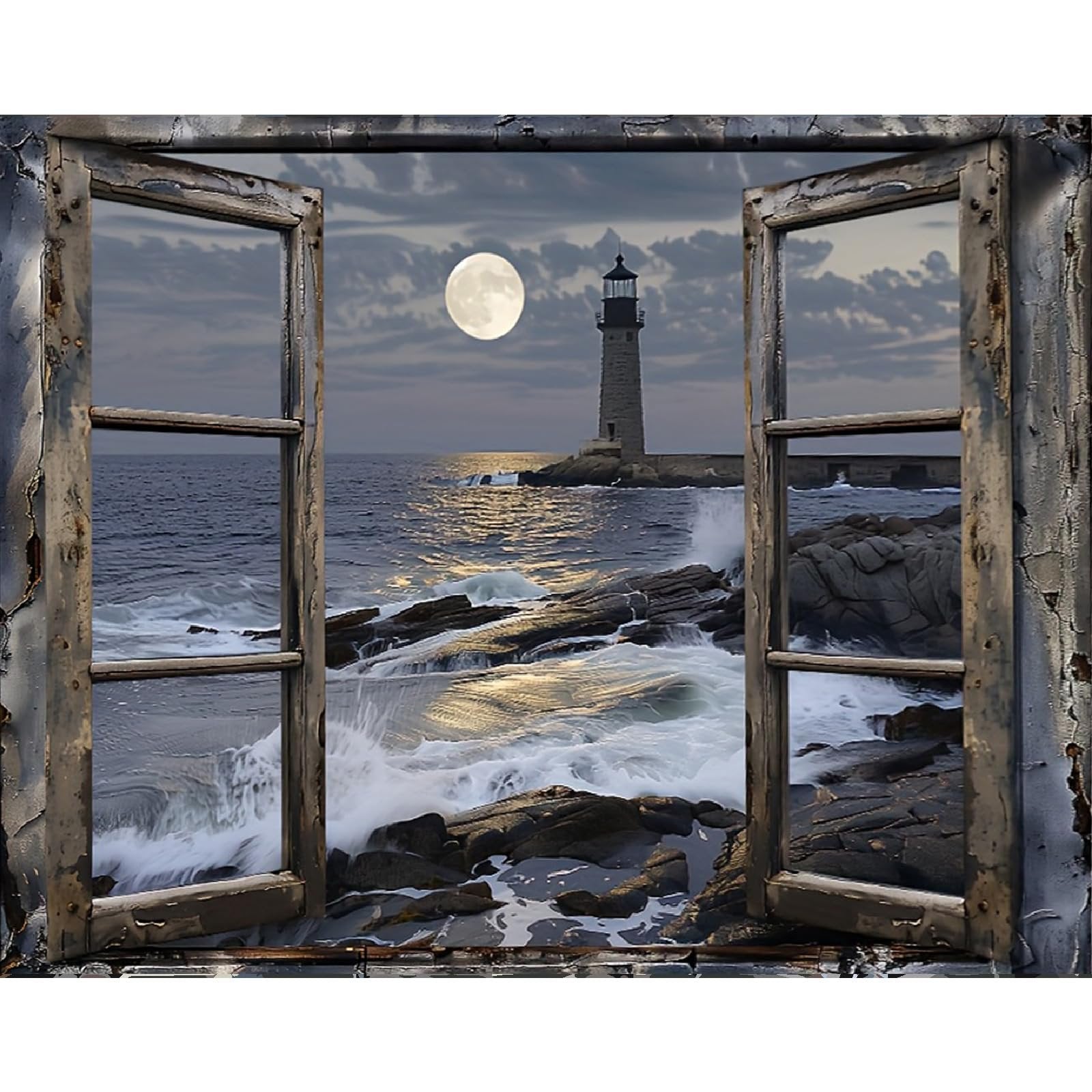 View through an open rustic window of a lighthouse on a rocky shore with waves crashing under a full moon.