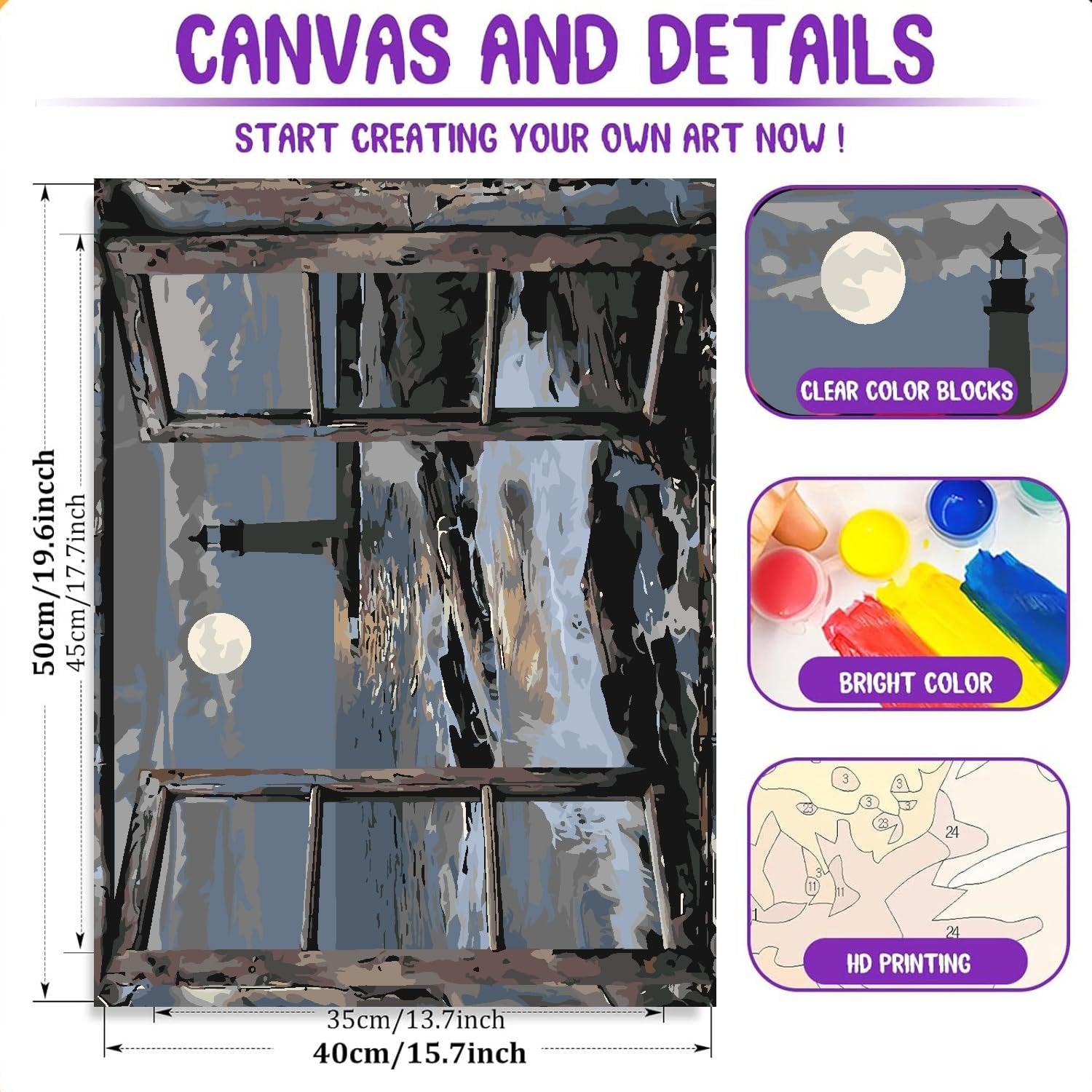Paint by numbers kit showing a lighthouse scene through a window, with details on canvas and color blocks.