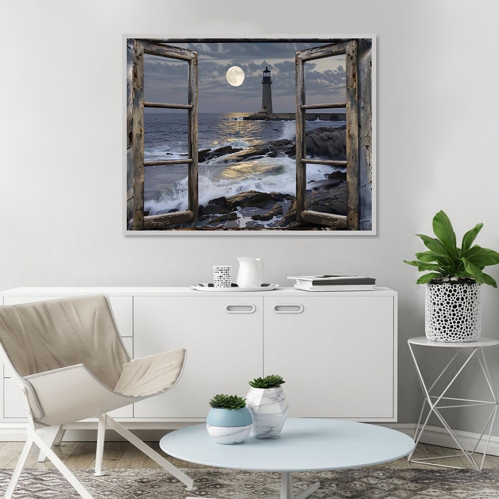 Open window view of a lighthouse on a rocky shore with waves crashing under a full moon.