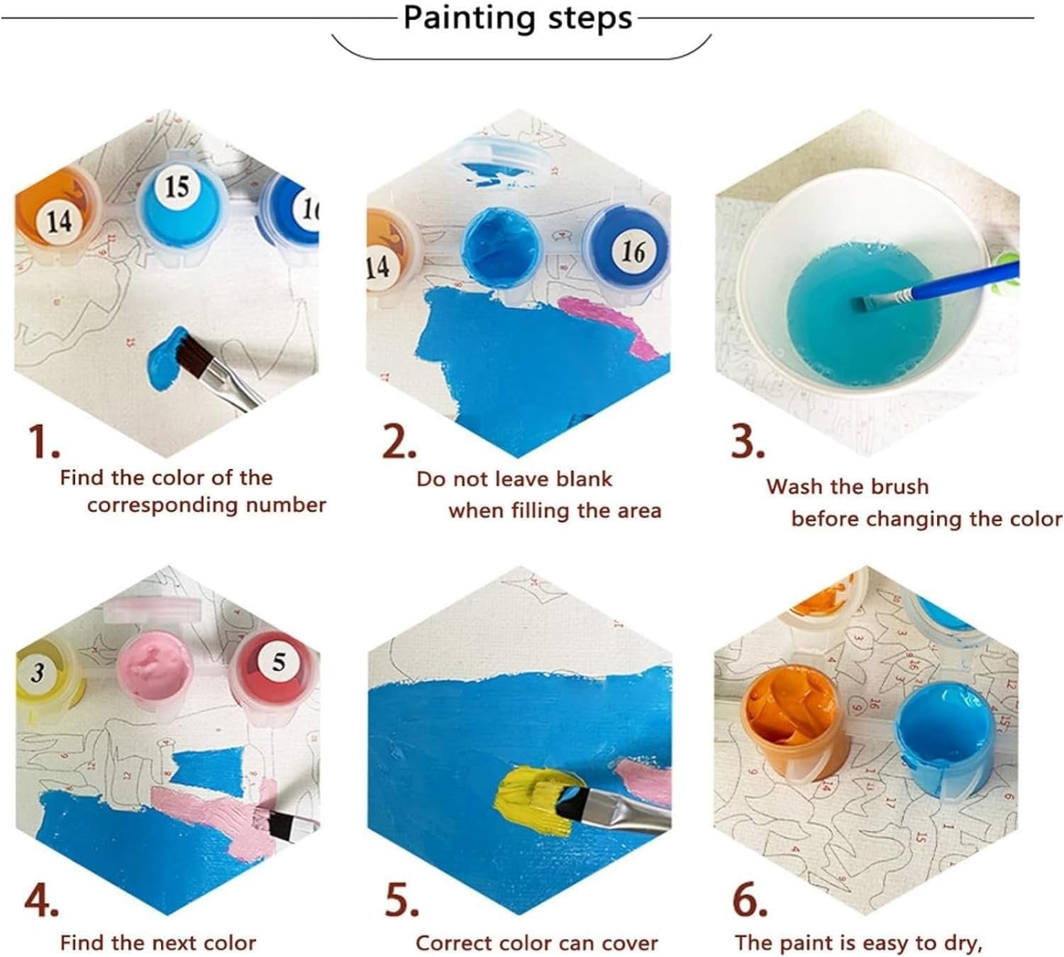 Paint by numbers kit steps: finding colors, painting, and brush care. Six numbered hexagonal panels show paint pots, brushes, and canvas sections.