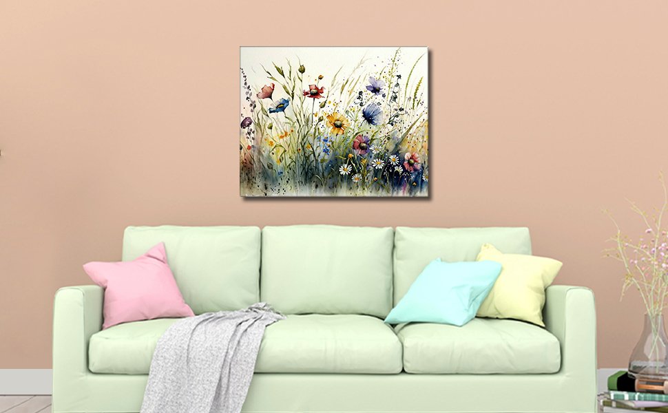 Watercolor painting of wildflowers and butterflies displayed above a sofa