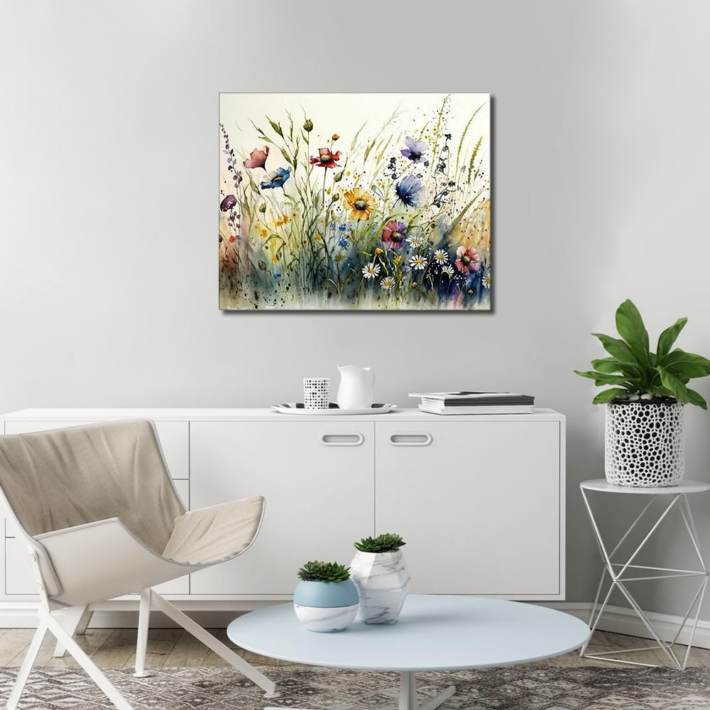 Watercolor painting of a wildflower meadow with butterflies displayed on a wall above a credenza.