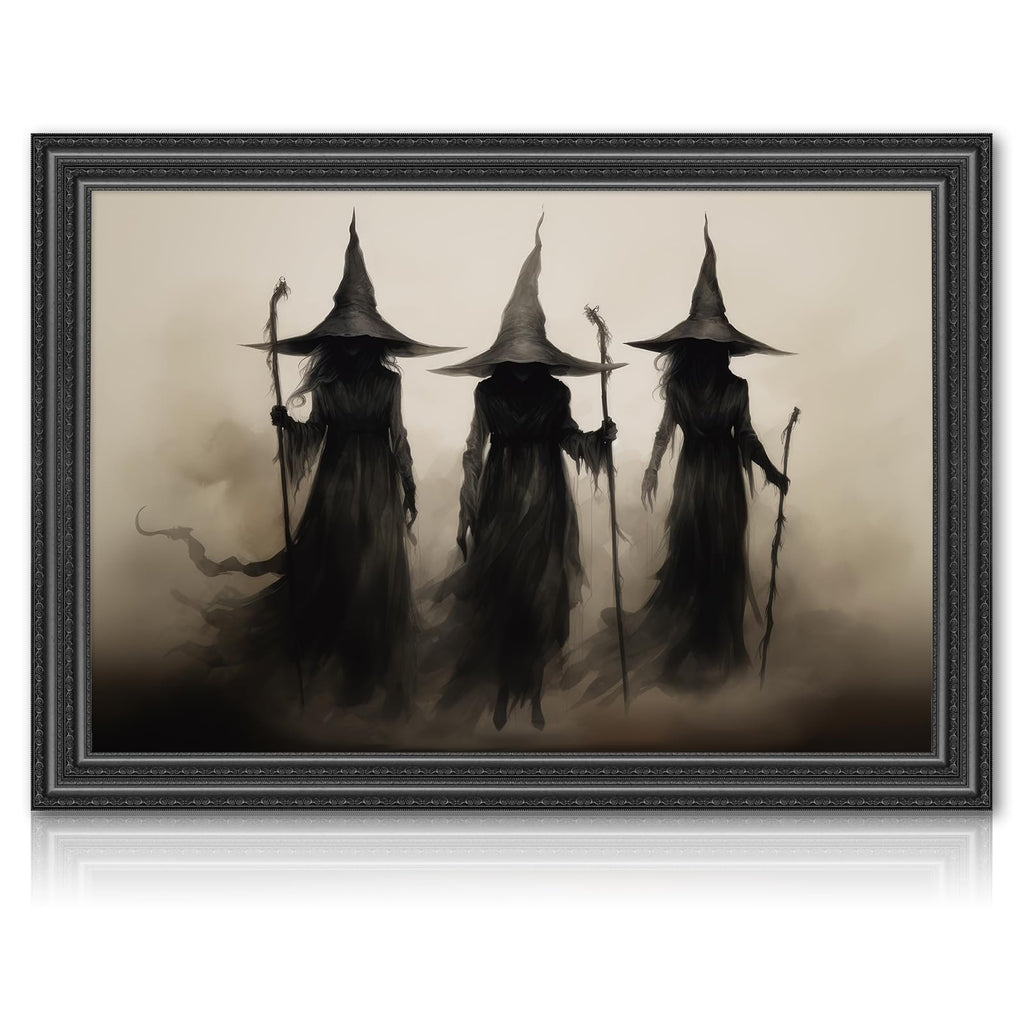 Three dark figures in witch hats and flowing robes holding staffs, depicted in a vintage, smoky style within a decorative frame.