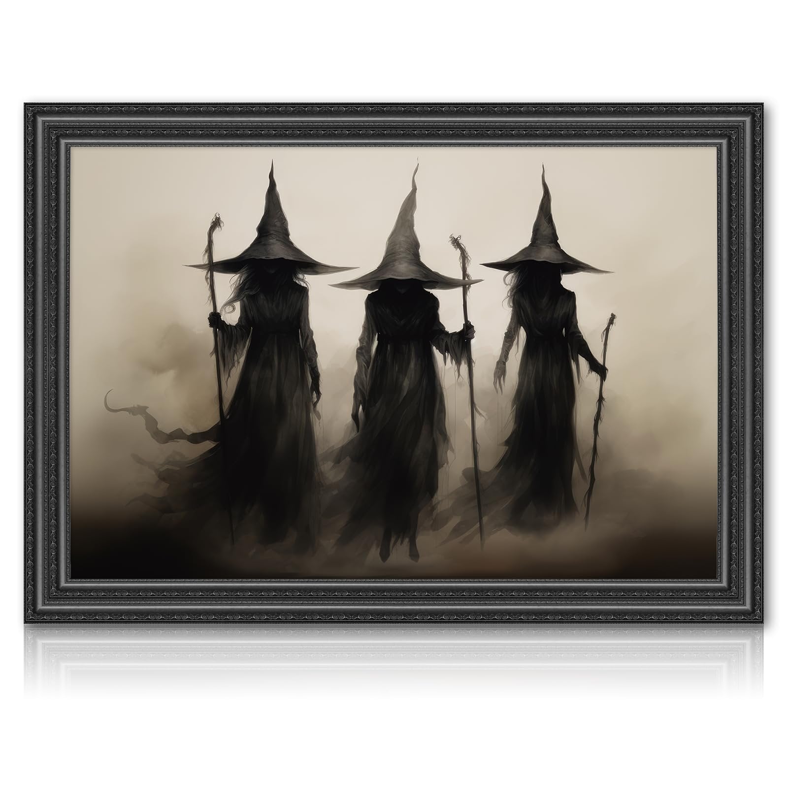 Three dark figures in witch hats and flowing robes holding staffs, depicted in a vintage, smoky style within a decorative frame.