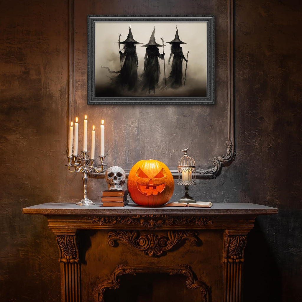Framed vintage witch canvas wall art print above a Halloween-themed mantelpiece with a jack-o'-lantern, skull, and candles.