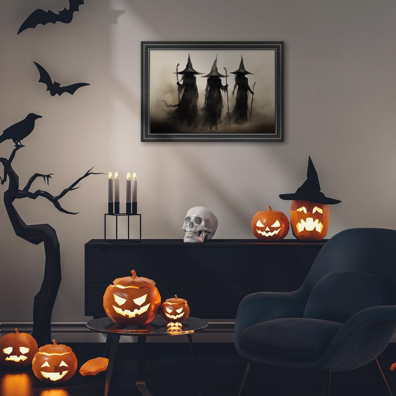 Framed vintage witch canvas art print hanging above a Halloween decorated shelf with pumpkins, skull, and candles.
